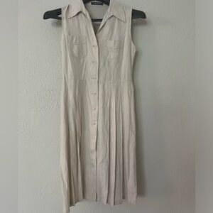 Betty Barclay Linen Beige Button Down Pleated Collar Neck Neutral Dress Size 8